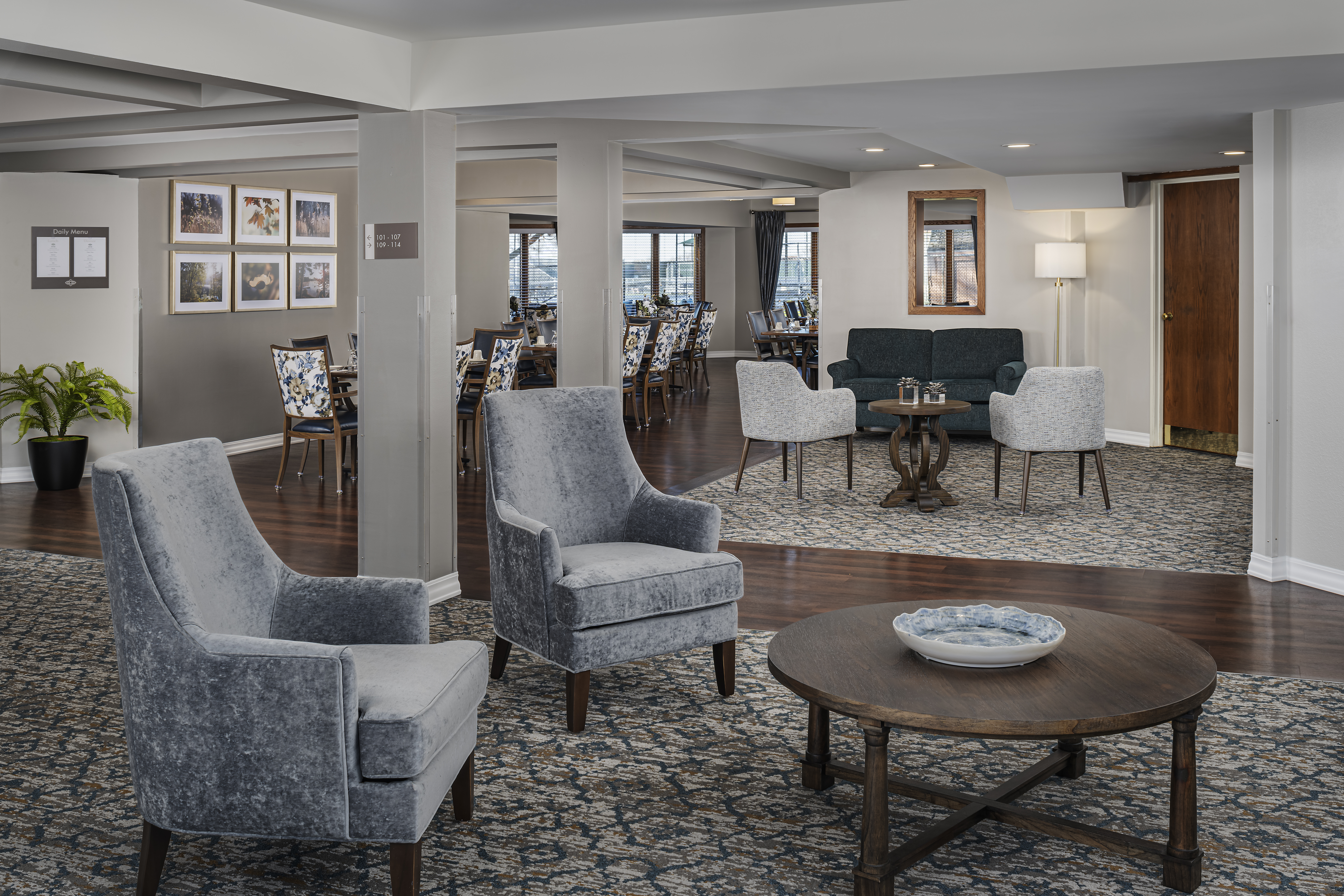 Senior Living Sitting Room: Elegant sitting room showcasing modern furniture, perfect for creating a welcoming and cozy environment for senior living communities.