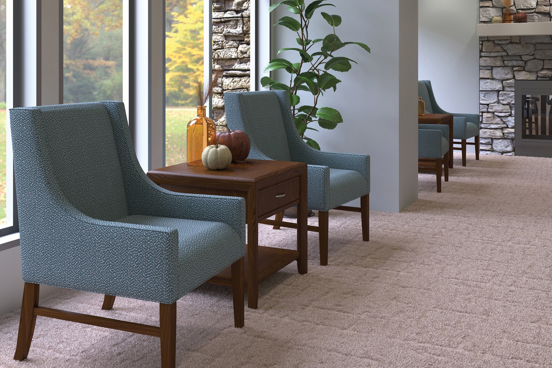 Senior living walkway with Quick-Ship furniture