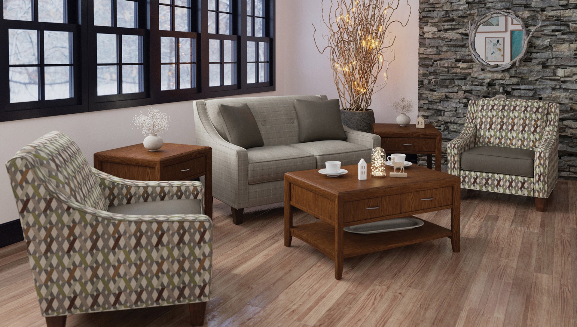 Senior living seating area near elevator with Quick-Ship furniture